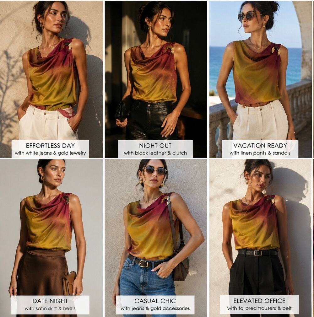ZARA Womens M Ombre Draped Cowl Neck Top Gold Ring Satin NWT Multicolor